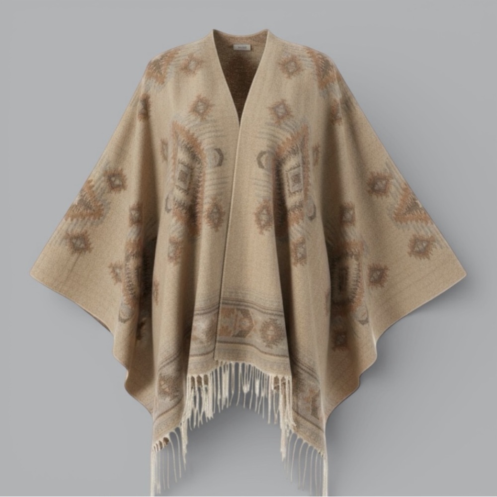 Poncho Southwestern Beige Patterned Poncho, NEW